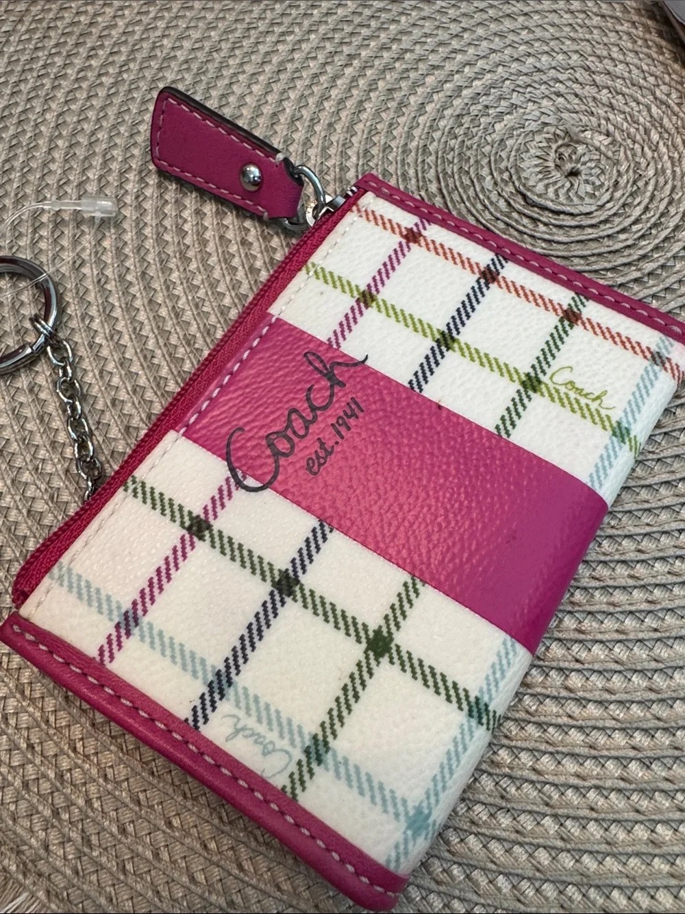 Coach Pink Plaid Zip Card Case Keyring